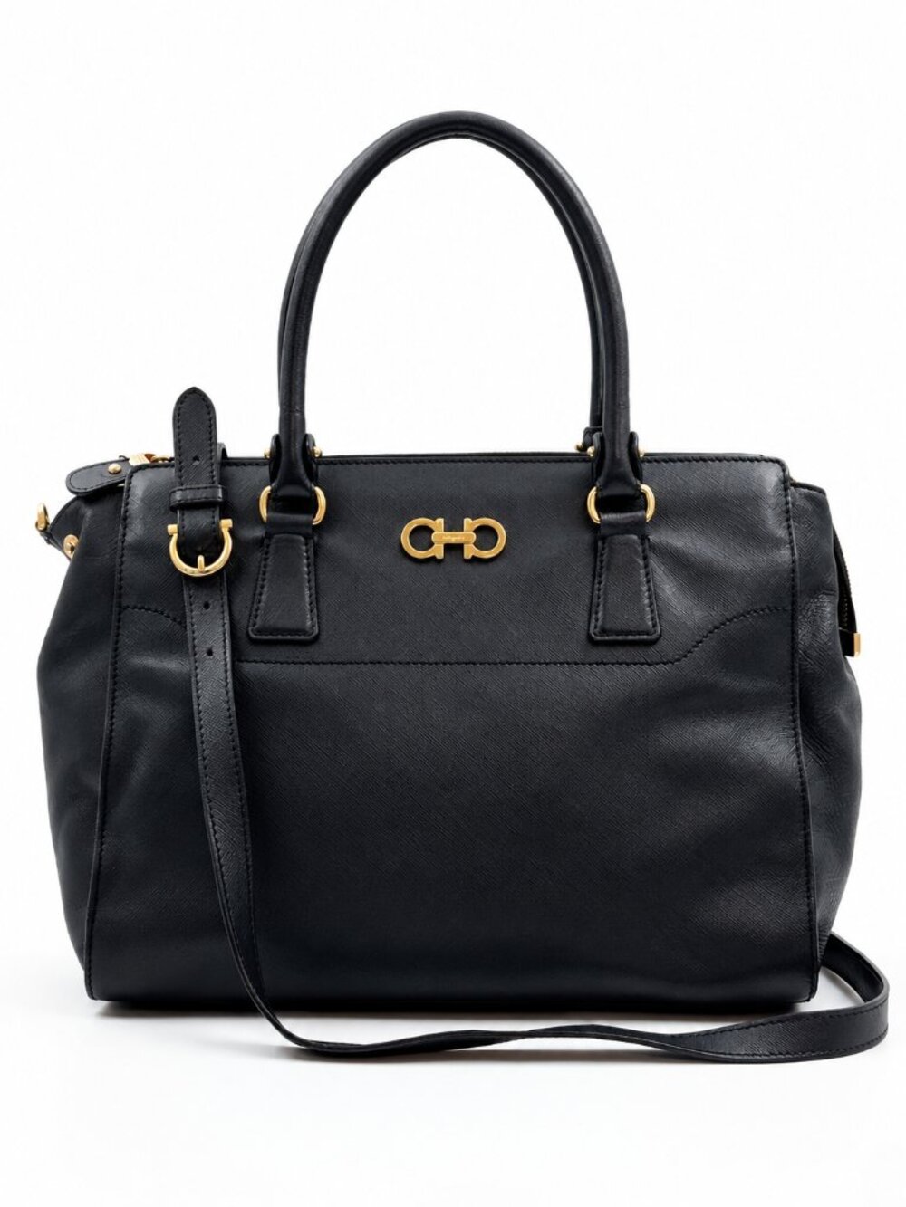 Salvatore Ferragamo Black Gancini Leather Satchel Shoulder Bag with Strap
